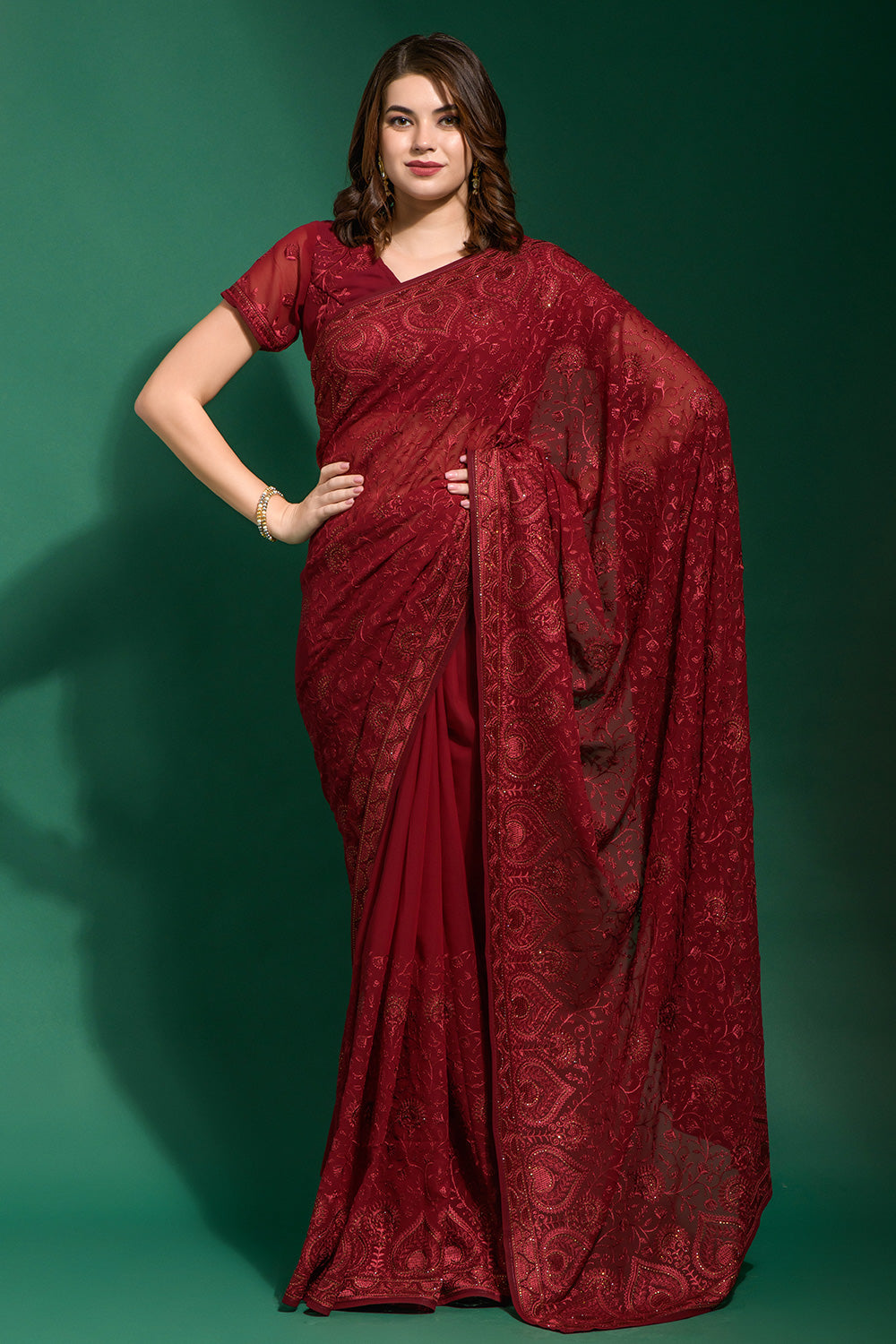Maroon Georgette Saree With Embroidery Work