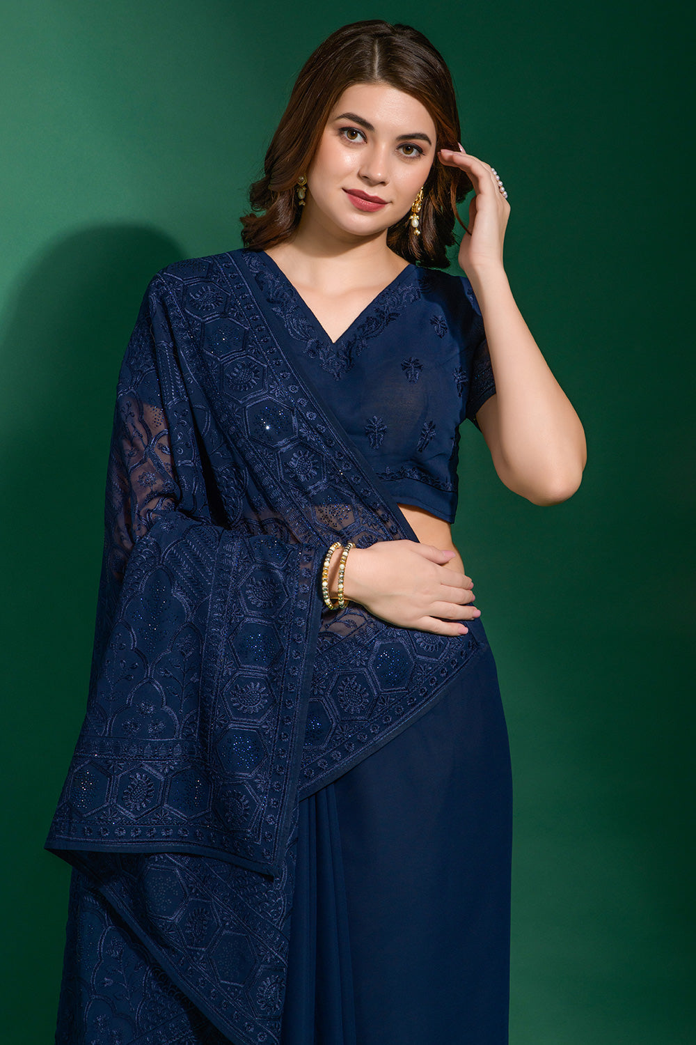 Navy Blue Georgette Saree With Embroidery Work