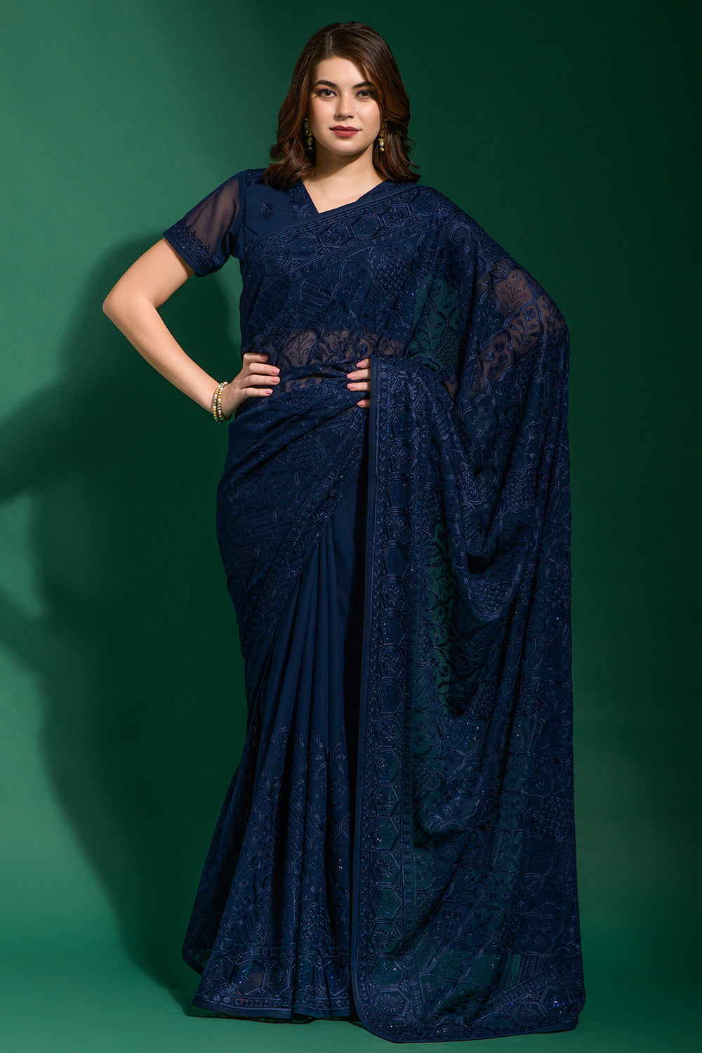 Navy Blue Georgette Saree With Embroidery Work
