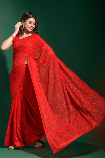 Red Georgette Saree With Embroidery Work