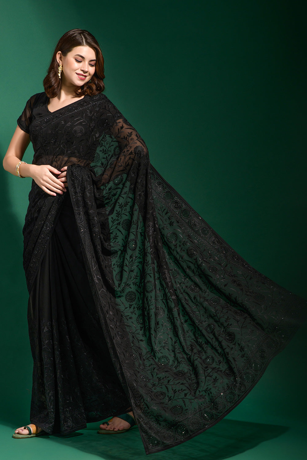 Black Georgette Saree With Embroidery Work
