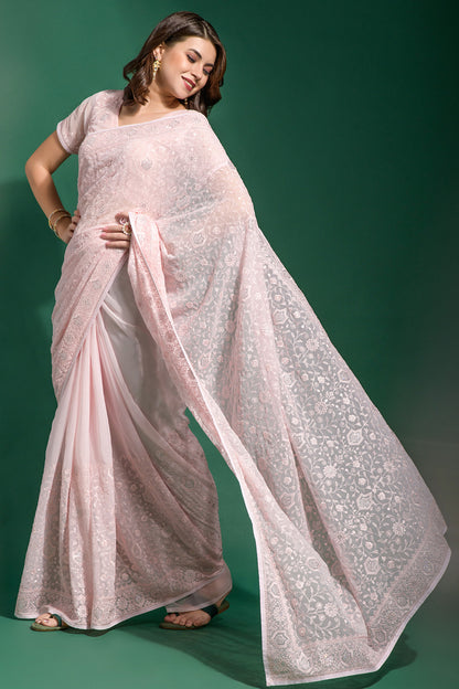 Light Pink Georgette Saree With Embroidered Work