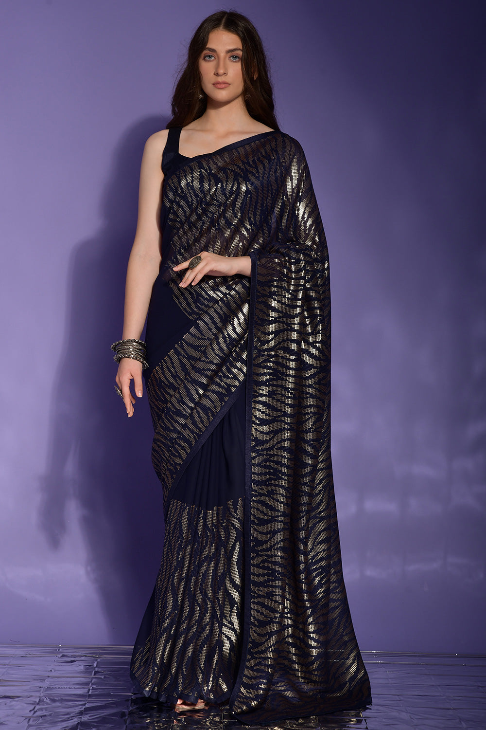 Blue Georgette Saree With Sequence Work