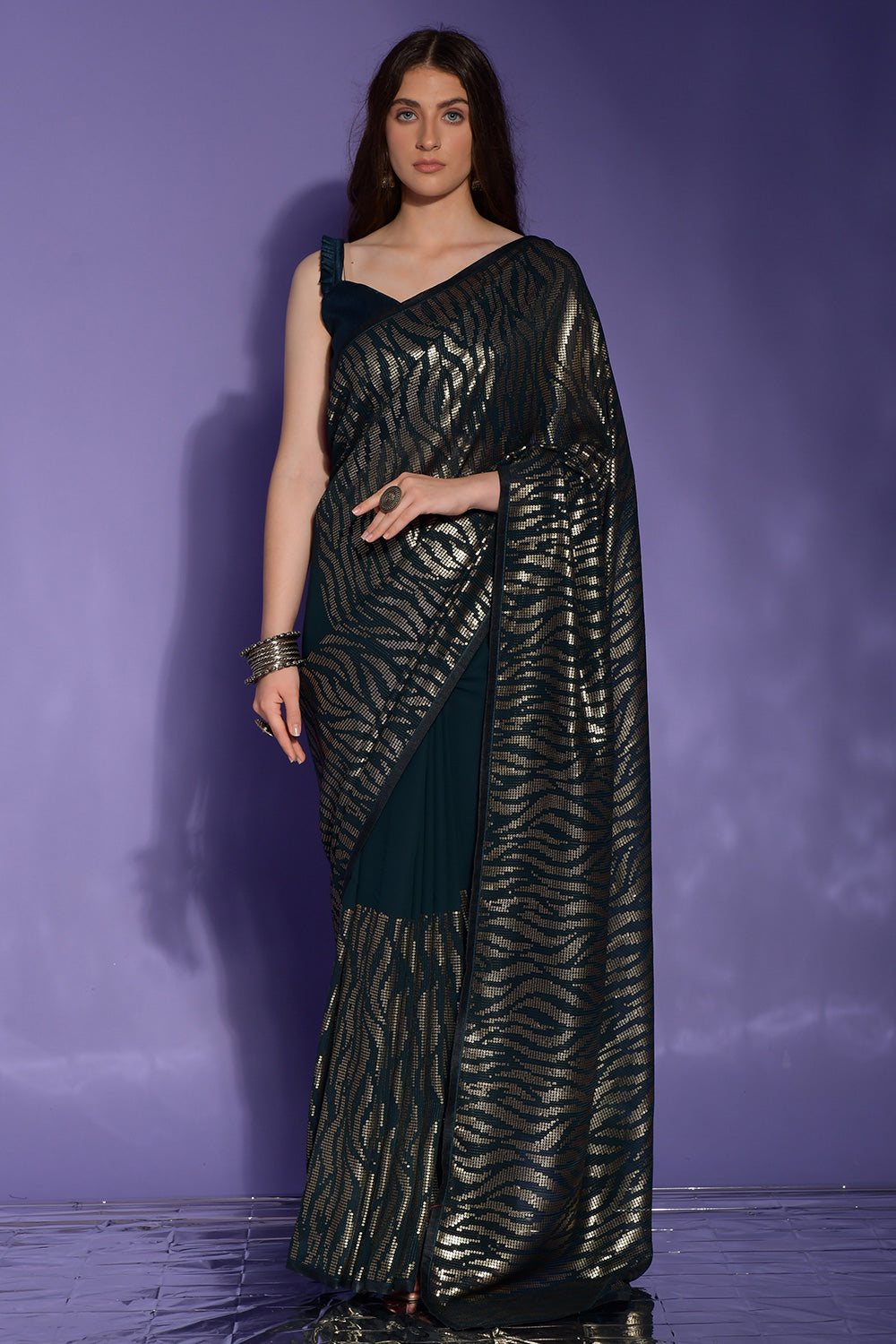 Teal Green Georgette Saree With Sequence Work