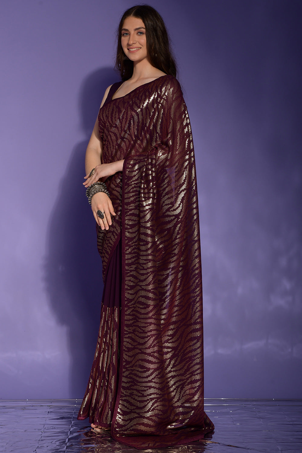 Wine Georgette Saree With Sequence Work