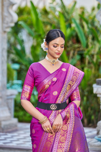 Fabulous Purple Kanjivaram Silk Saree With Weaving Work