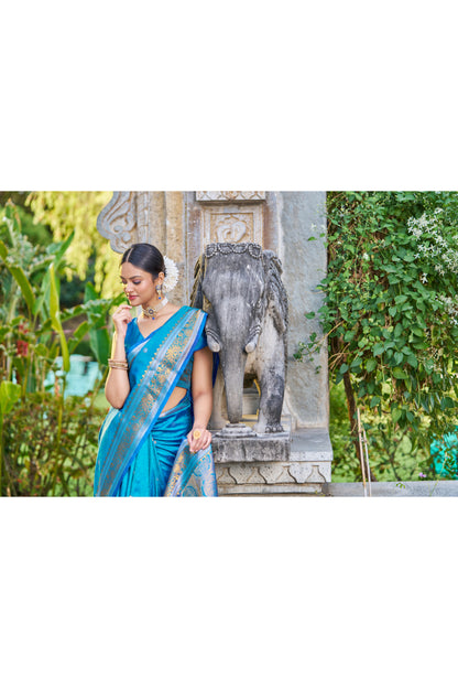 Cerulean Blue Kanjivaram Sona Chandi Silk Saree