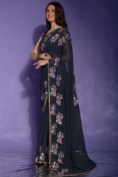 Dark Black Georgette Saree With Piping Border &amp; Sequence Work
