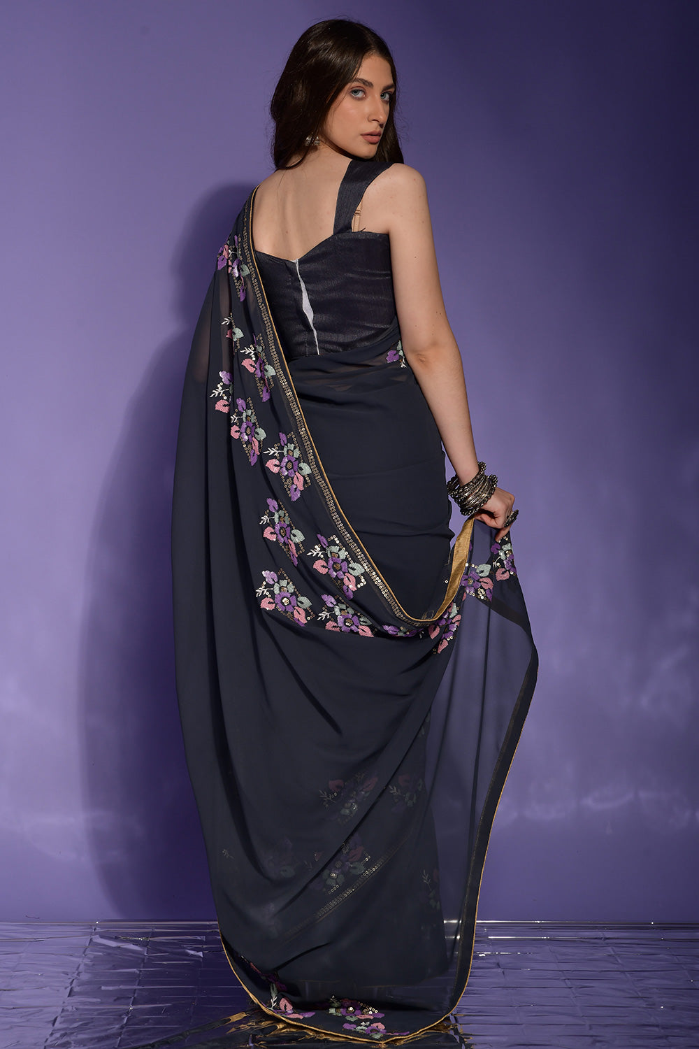 Dark Black Georgette Saree With Piping Border &amp; Sequence Work