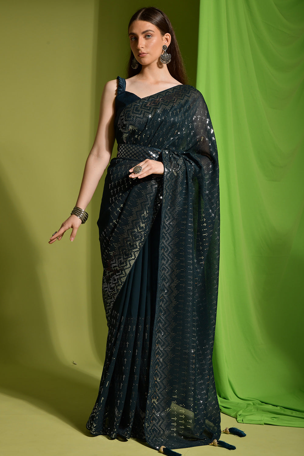 Teal Blue Georgette Saree With Sequence Work