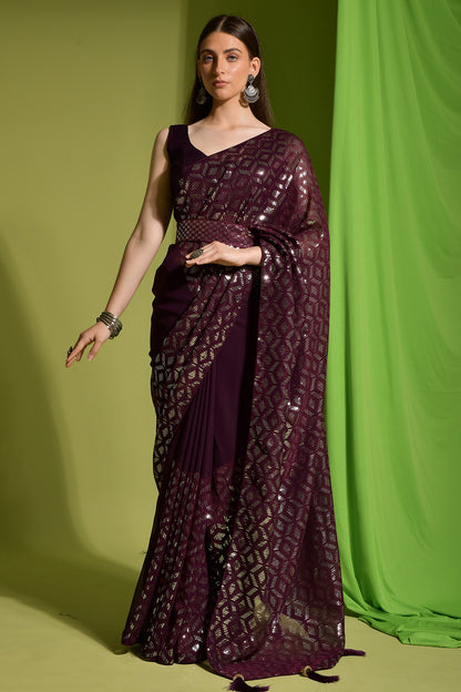 Wine Georgette Saree With Sequence Work