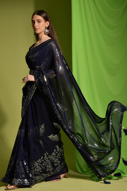 Navy Blue Georgette Saree With Sequence Work