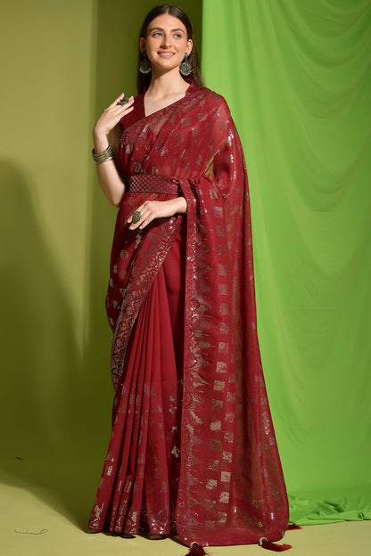Maroon Georgette Saree With Sequence Work