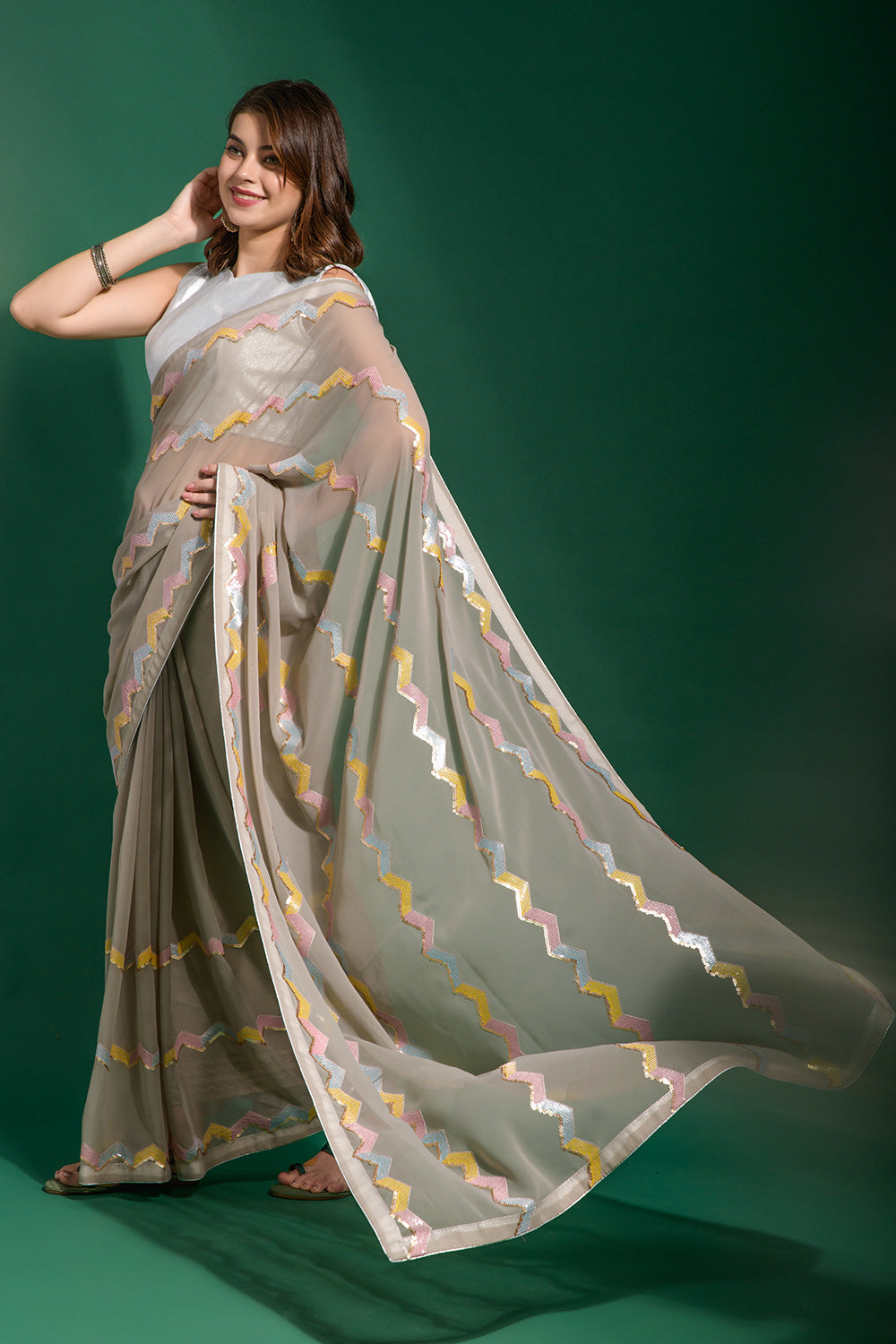 Oyster Grey Georgette Saree With Sequence &amp; Piping Border