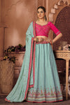 Sky Blue & Pink Chinon Crushed With Sequence Embroidery Lehenga Choli