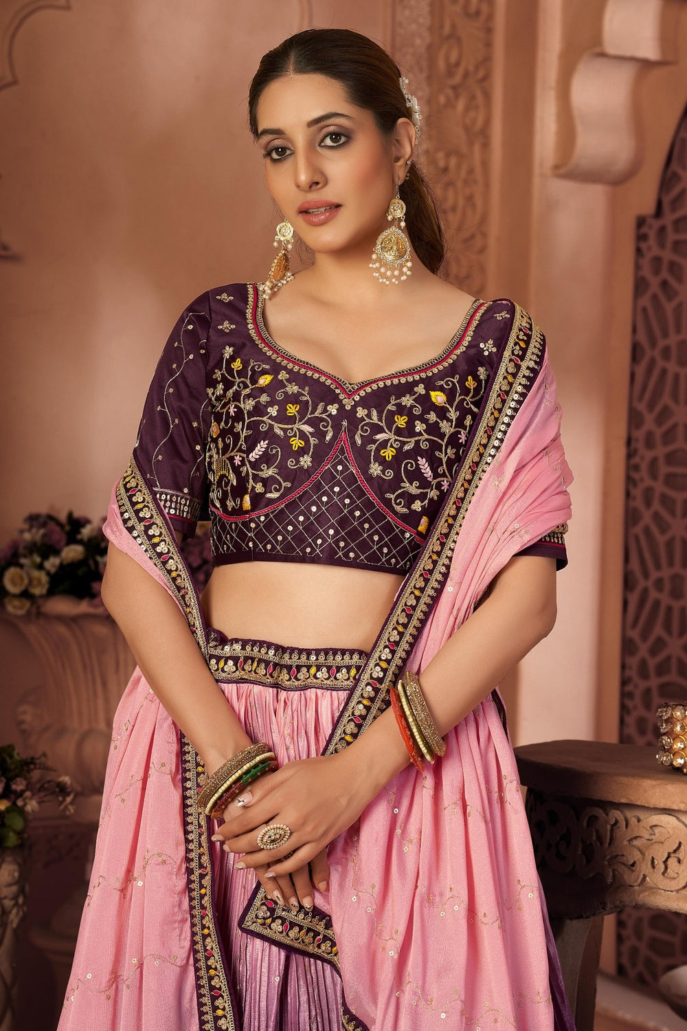 Wine &amp; Pink Chinon Crushed With Sequence Embroidery Lehenga Choli