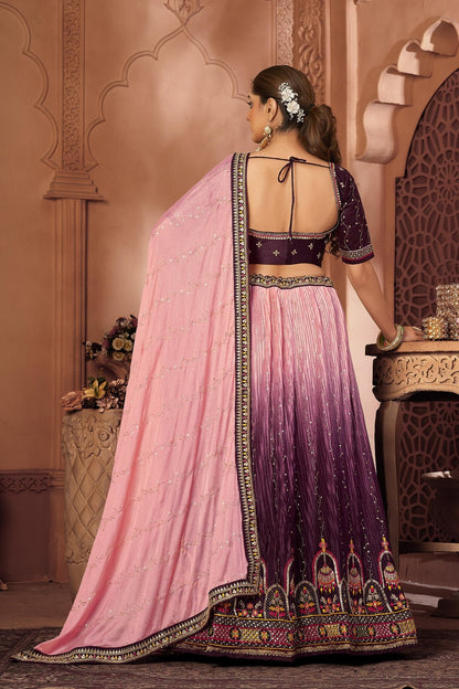 Wine &amp; Pink Chinon Crushed With Sequence Embroidery Lehenga Choli