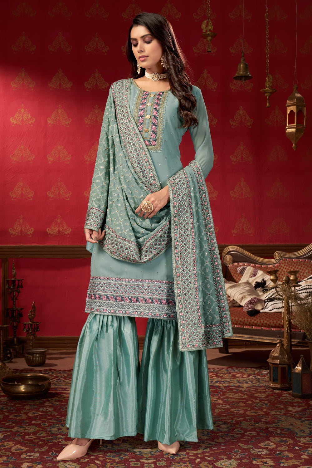Sapphire Blue Faux Georgette With Embroidery Work Salwar Suit