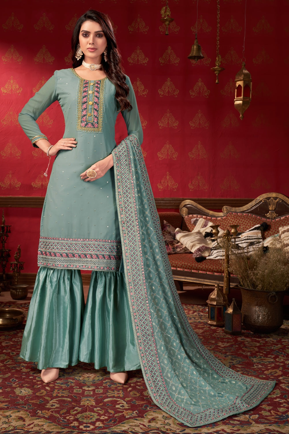Sapphire Blue Faux Georgette With Embroidery Work Salwar Suit