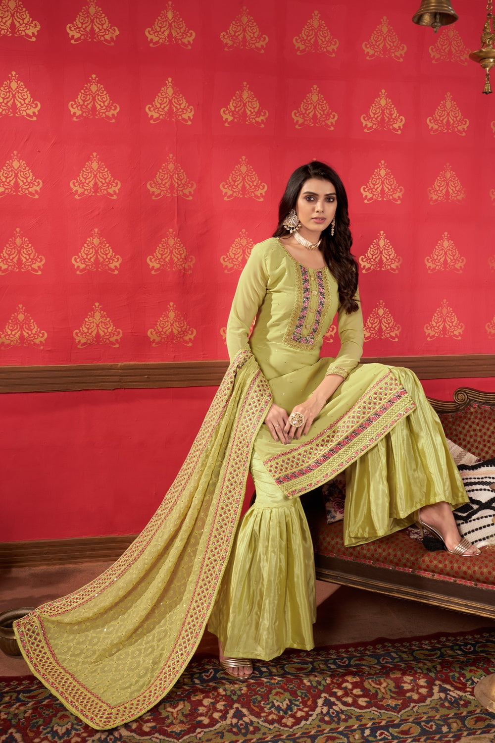 Lime Green Faux Georgette With Embroidery Work Salwar Suit