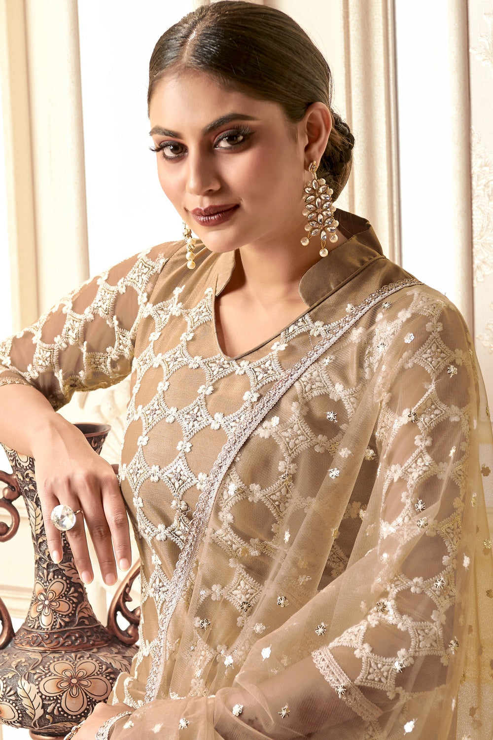 Dark Beige Net With Embroidery Work Salwar Suit