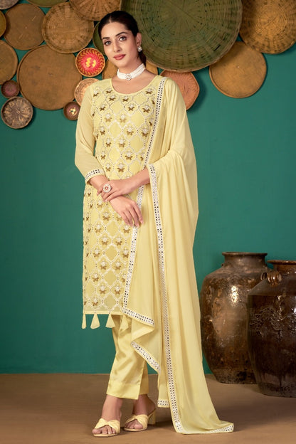 Yellow Faux Georgette With Embroidery Work Salwar Suit