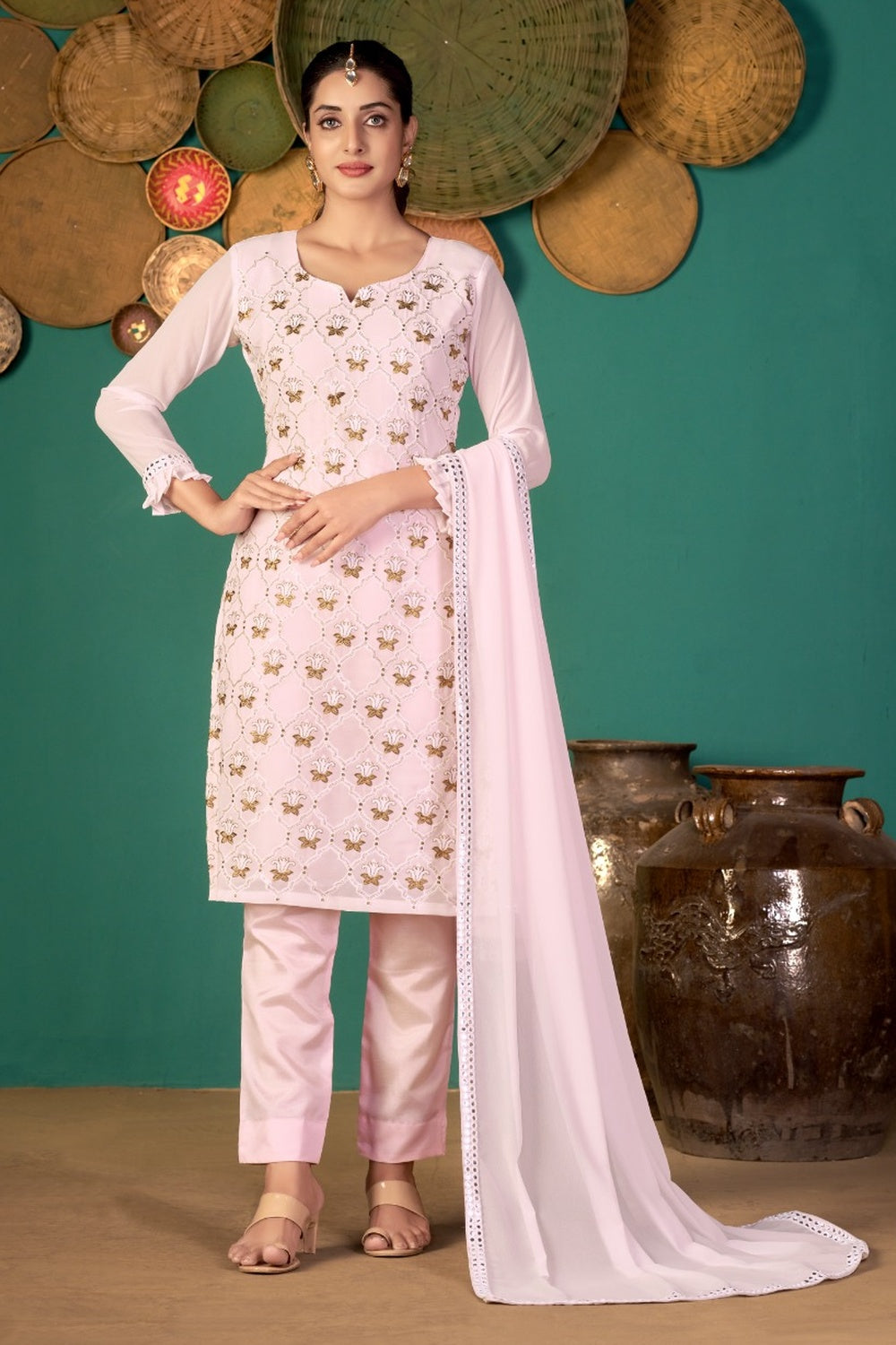 Baby Pink Faux Georgette With Embroidery Work Salwar Suit