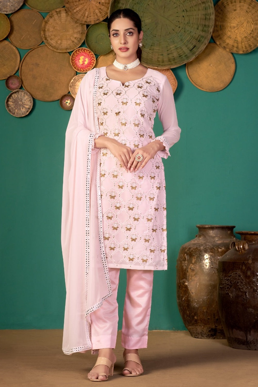 Baby Pink Faux Georgette With Embroidery Work Salwar Suit