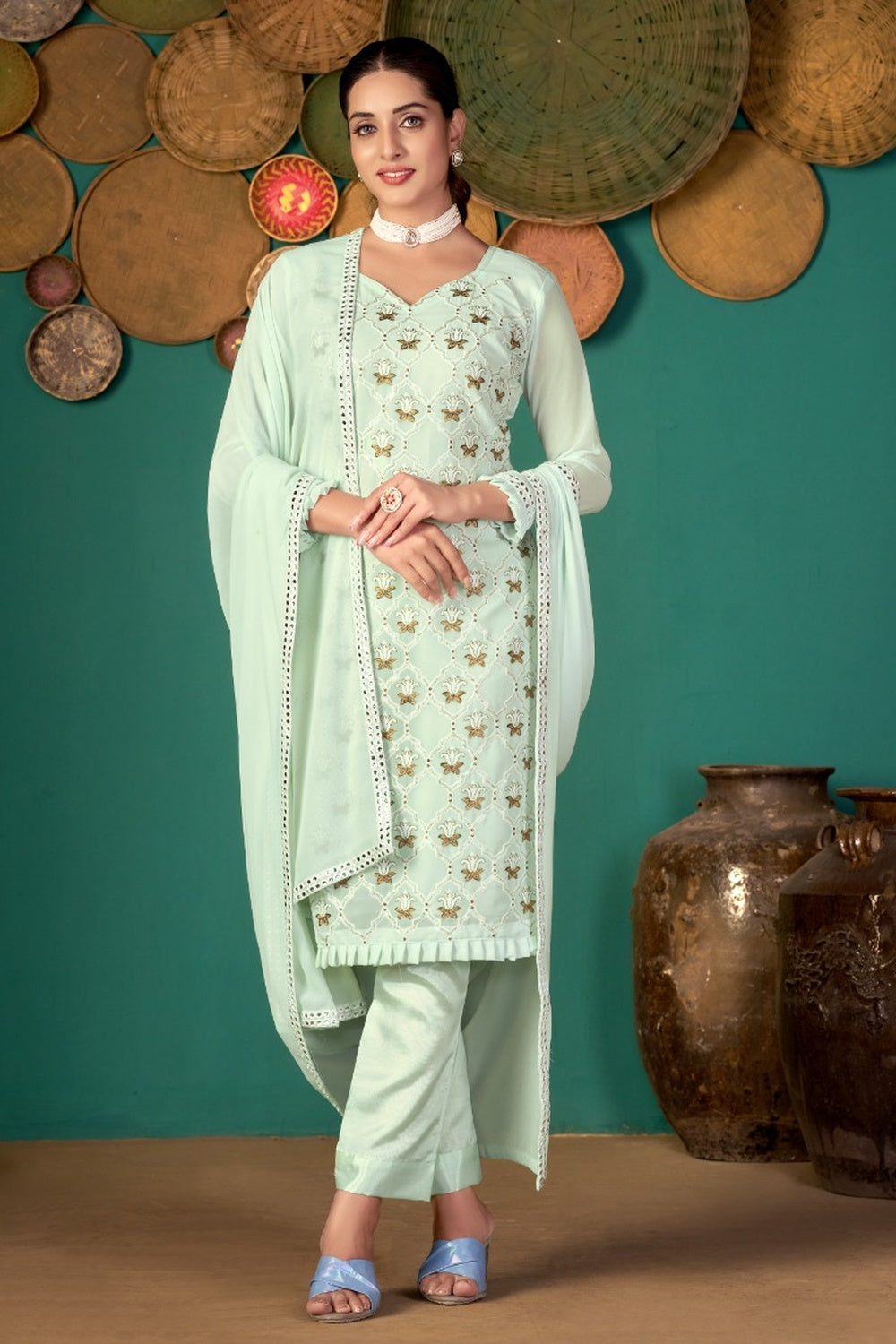 Pista Green Faux Georgette With Embroidery Work Salwar Suit
