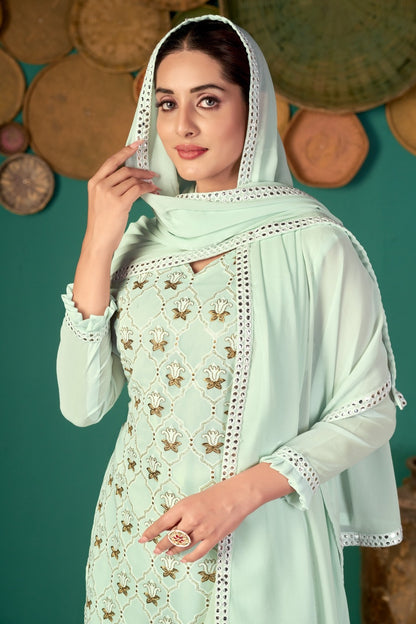 Pista Green Faux Georgette With Embroidery Work Salwar Suit