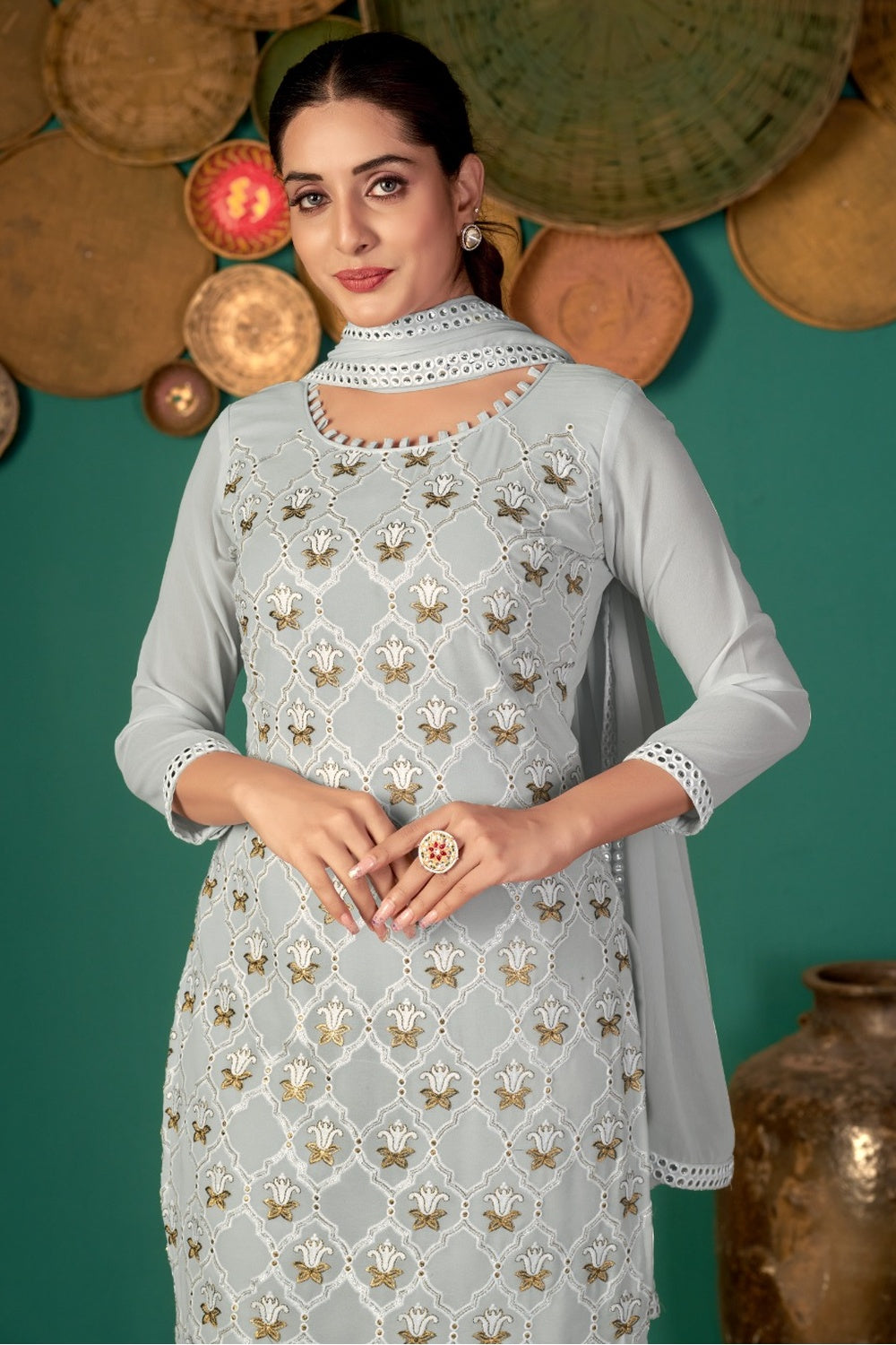 Gray Faux Georgette With Embroidery Work Salwar Suit