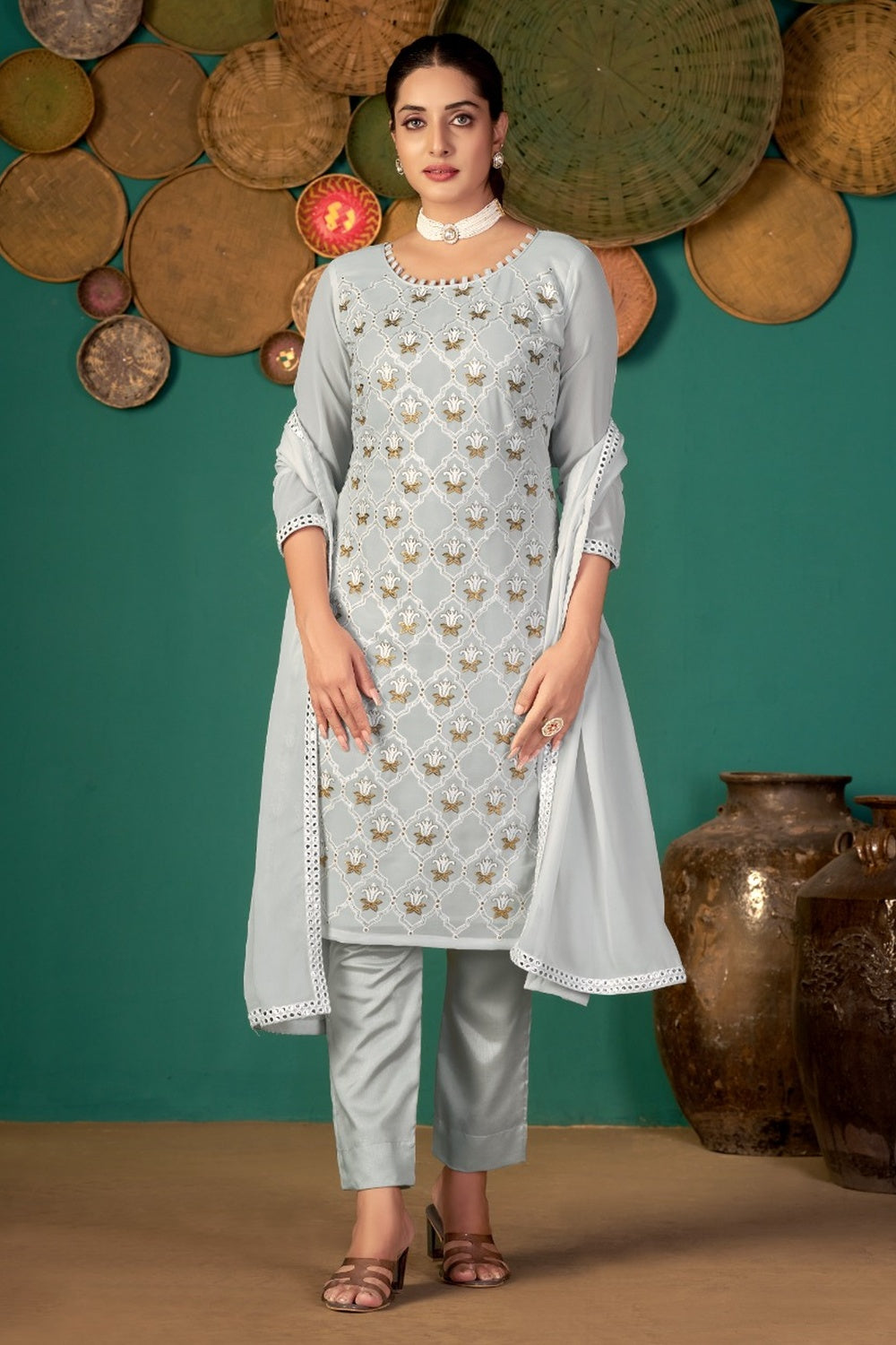 Gray Faux Georgette With Embroidery Work Salwar Suit