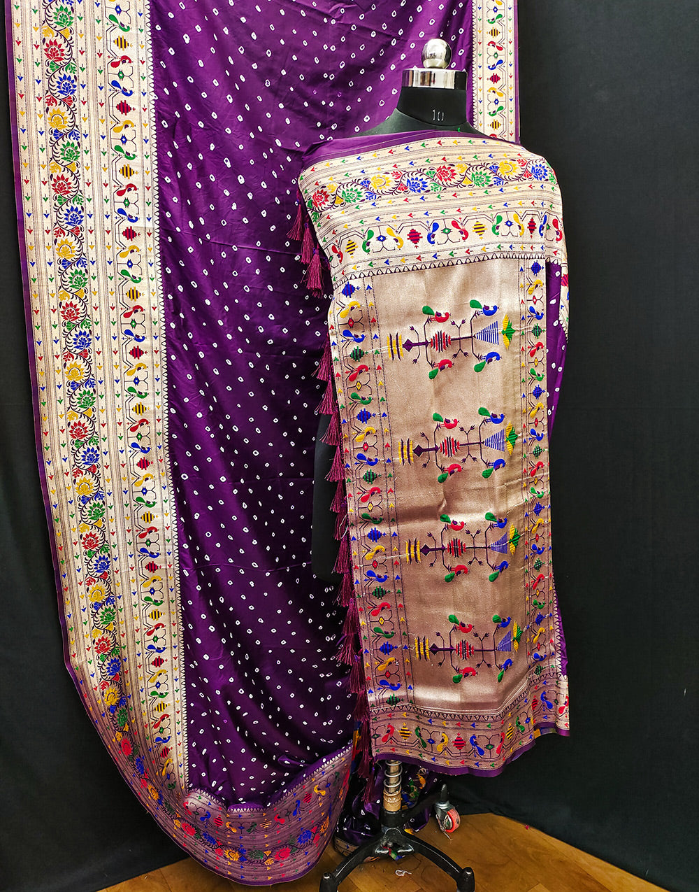 Magenta Paithani Silk Bandhani Saree With Zari Weaving Work