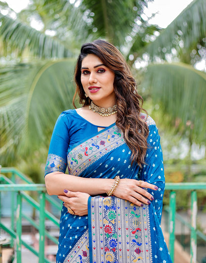 True Blue Colour Paithani Silk Zari Weaving Saree