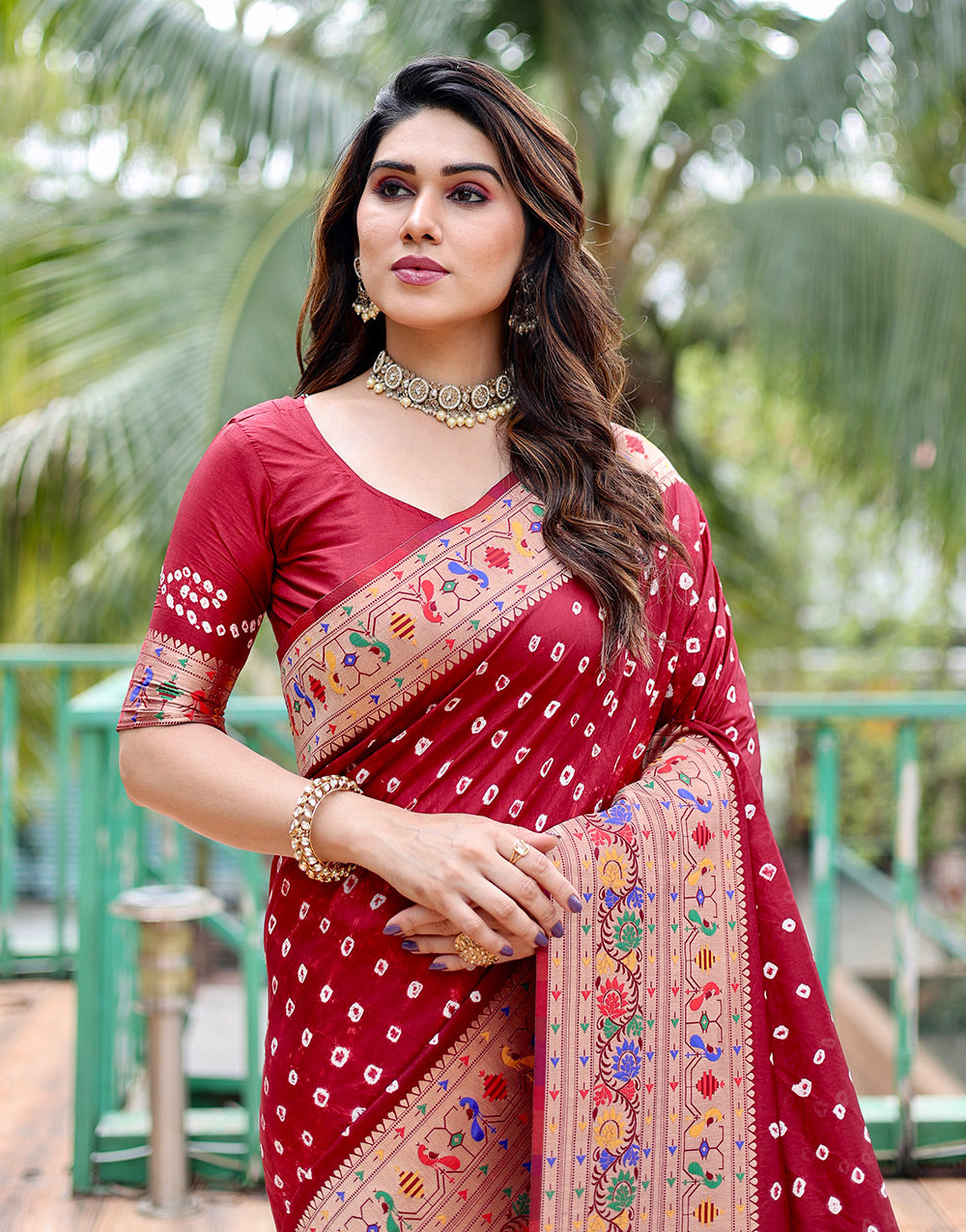 Maroon Paithani Silk Bandhani Saree With Matching Blouse