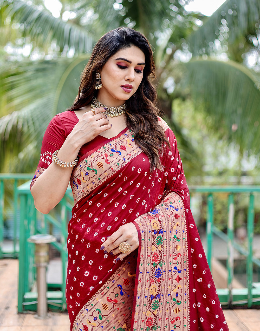 Maroon Paithani Silk Bandhani Saree With Matching Blouse