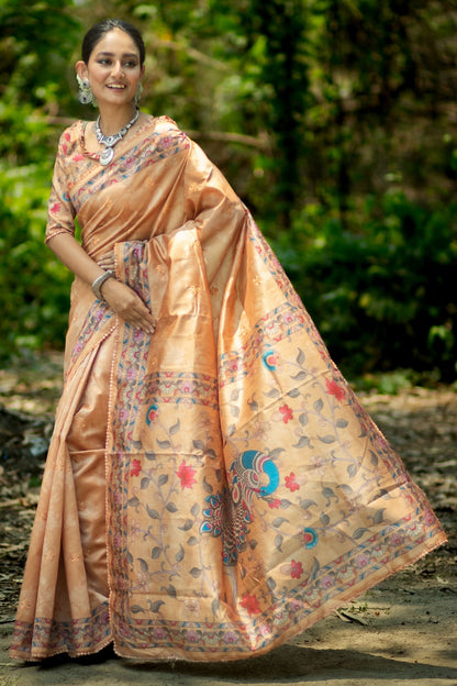 Dark Cream Tussar Silk Saree With Kalamkari Printed Work