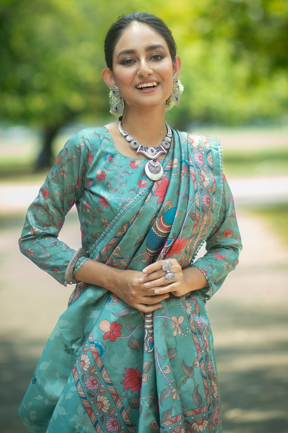 Sky Blue Tussar Silk Saree With Kalamkari Printed Work