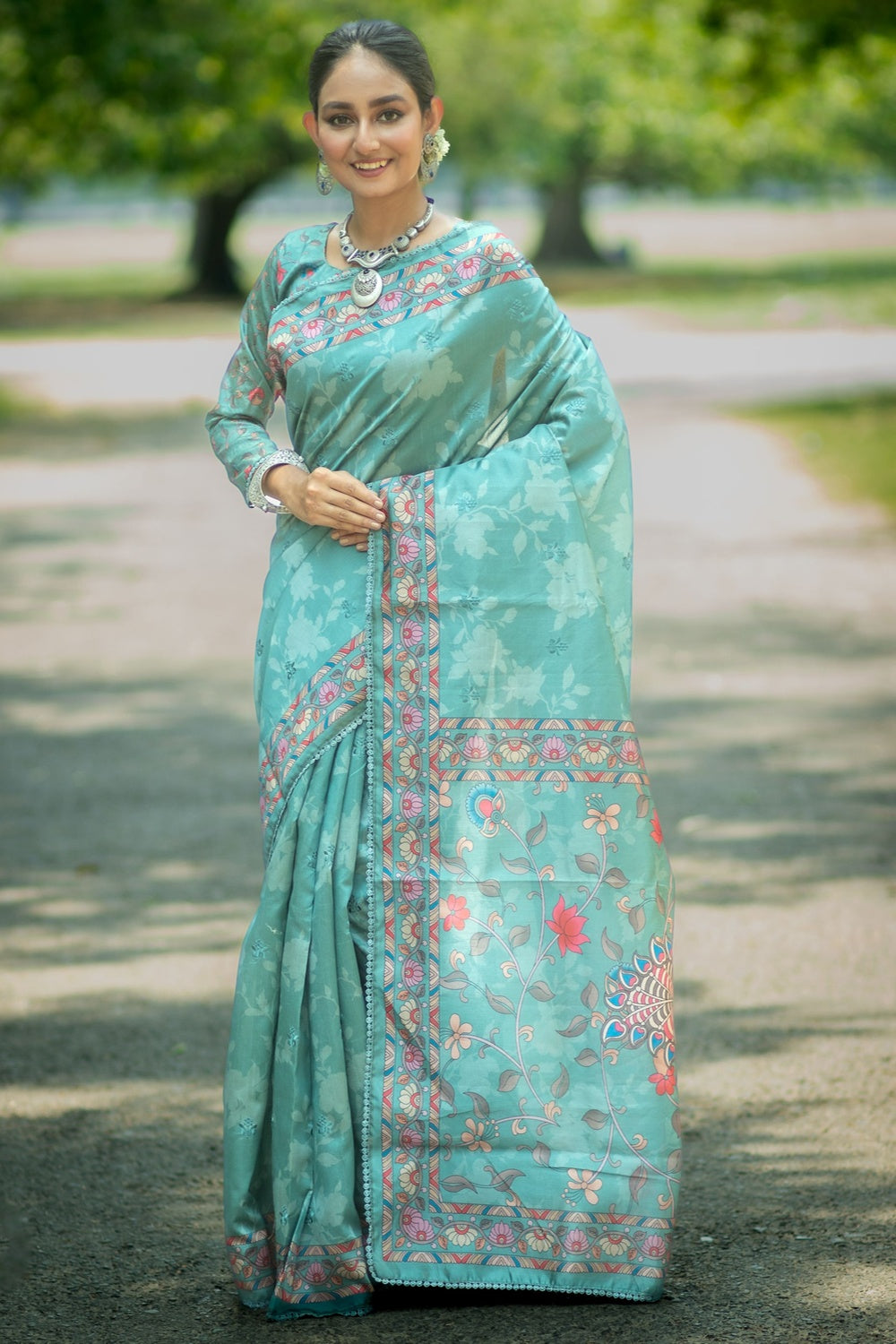 Sky Blue Tussar Silk Saree With Kalamkari Printed Work