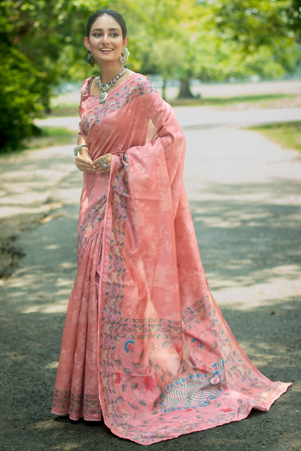 Peach Tussar Silk Saree With Kalamkari Printed Work