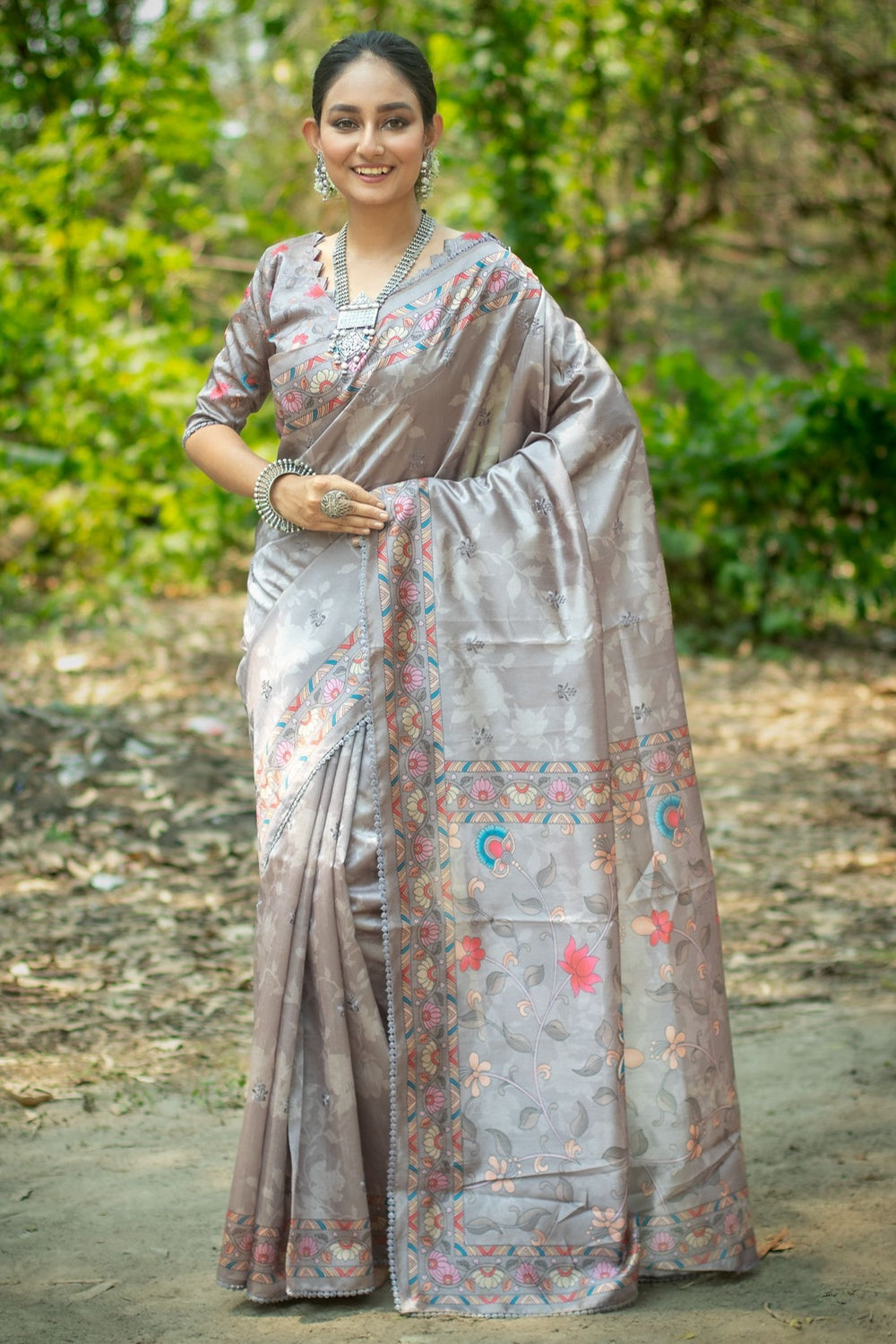 Gray Tussar Silk Saree With Kalamkari Printed Work
