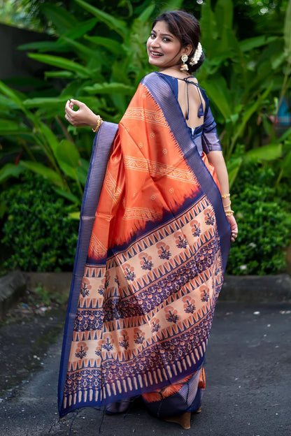 Orange Soft Raw Silk Saree With Bandhani Print &amp; Weaving Border