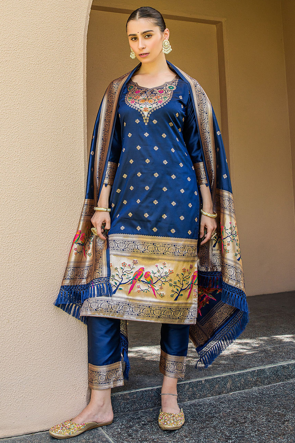 Navy Blue Paithani Silk With Zari Weaving Salwar Suit ( Unstitched )