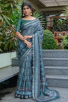 Rama Green Tussar Silk Saree With Zari Border & Printed Work