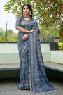 Steel Blue Tussar Silk Saree With Zari Border & Printed Work