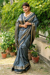 Grey Tussar Silk Saree With Weaving Border