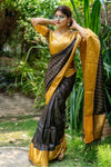 Black & Yellow Tussar Silk Saree With Weaving Border