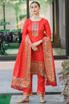 Red Silk Pashmina Work Salwar Suit ( Unstitched )