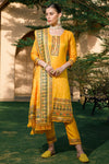 Yellow Silk Pashmina Work Salwar Suit ( Unstitched )