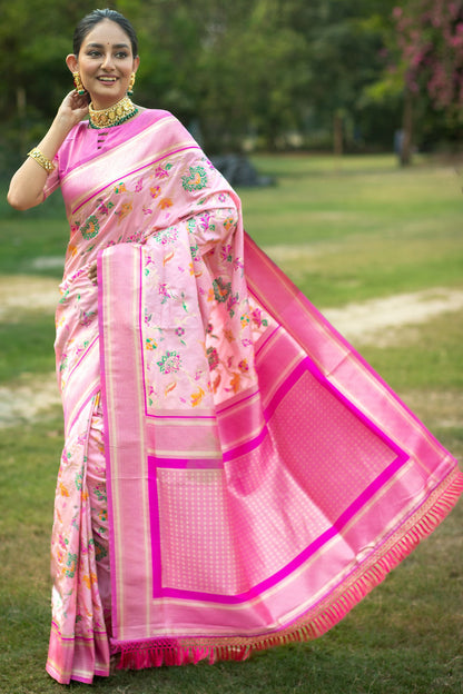 Baby Pink Soft Banarasi Silk Saree With Zari Weaving Work